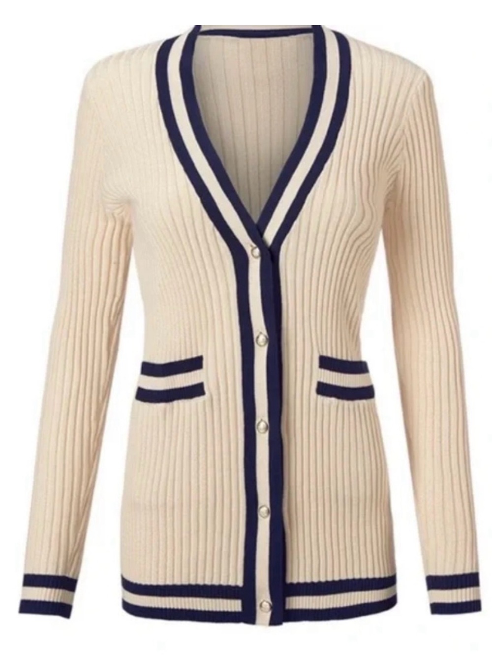 Cabi Varsity Cardigan 5458 Navy Striped Ribbed Cotton Sweater Gold Button XS